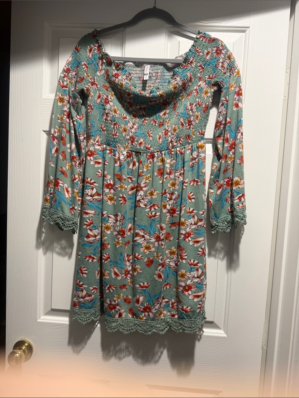 Xhilaration Teal Floral Smocked Dress with Lace Trim